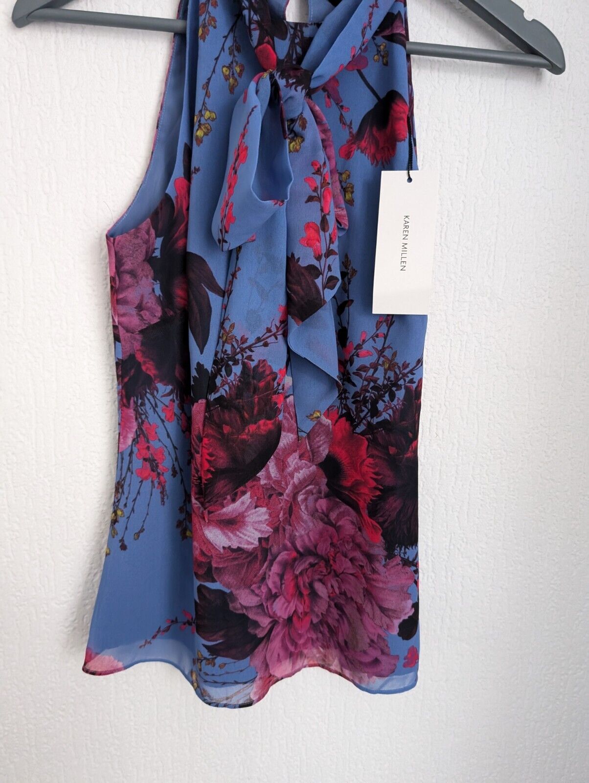 New stunning Karen millen blue floral halter neck pussybow blouse top UK 10