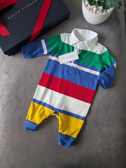 New Ralph Lauren Baby Boy Rainbow Babygrow All In One Rugby Gift Cute 0-3m Cute