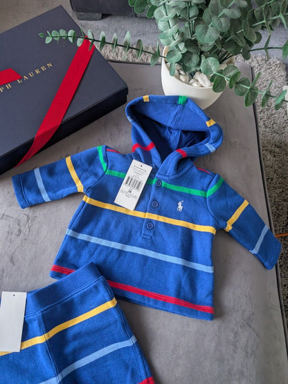 New Ralph Lauren Baby Boy Blue Short And Hoodie Set Gift Stripe Multi 0-3m Cute