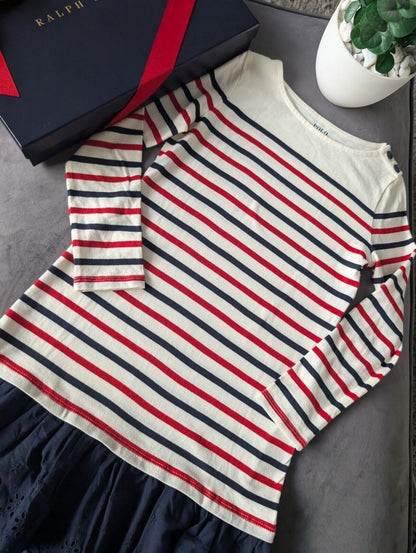 Worn Once Ralph Lauren Girls Stripe Navy Red Ivory Dress Embroidered Age 7