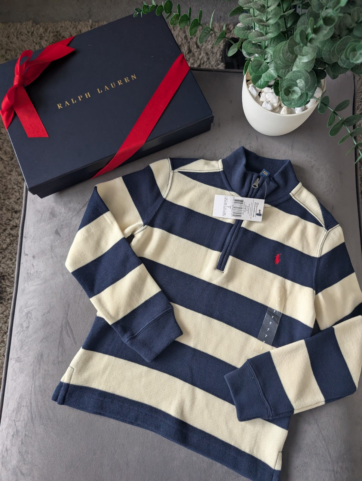 New Ralph Lauren boys Navy 1/4 zip knit jacket Navy Cream Stripe Smart Boys 6-7y