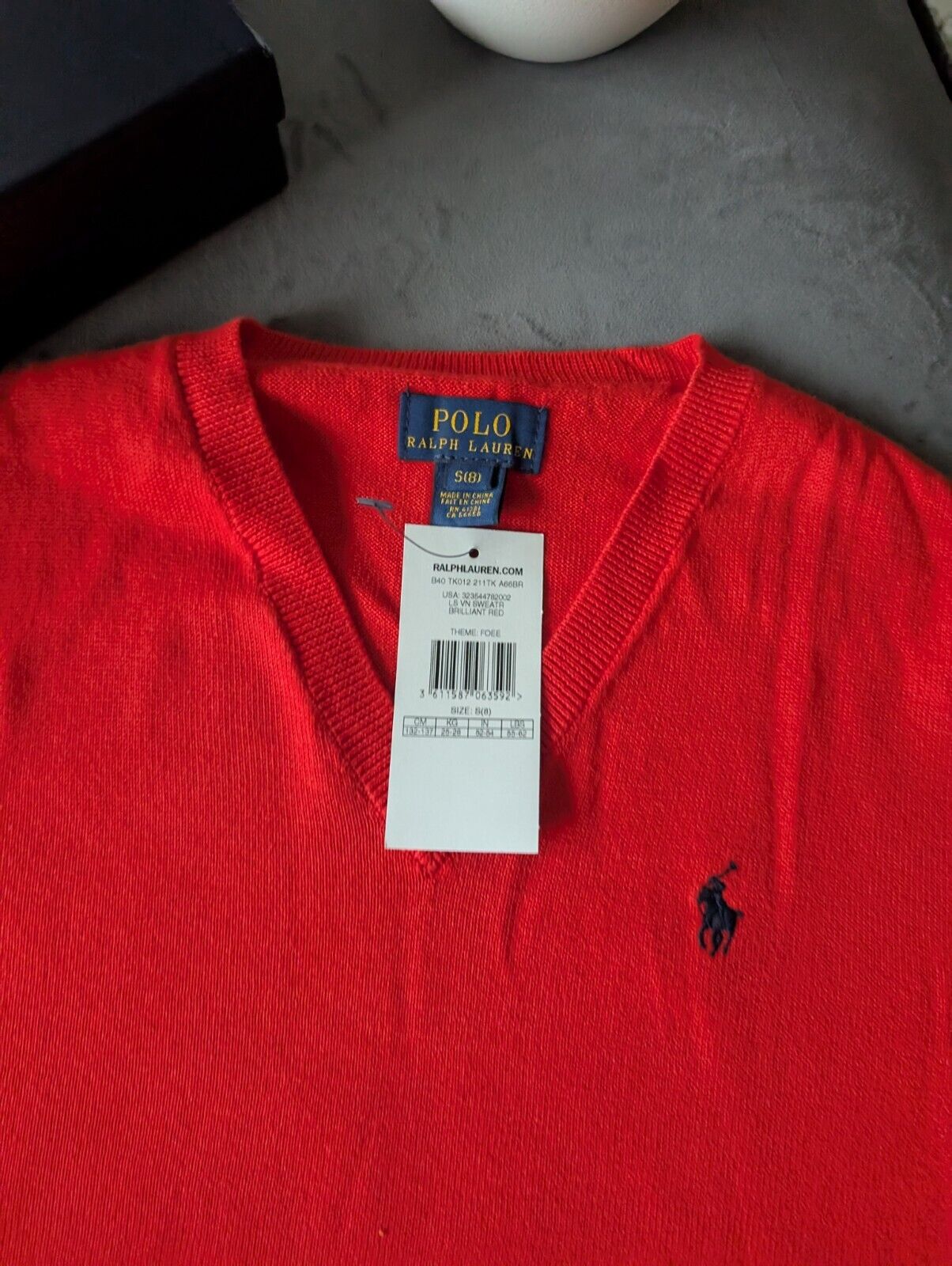 New Ralph Lauren Boys Long Sleeve V Neck Jumper Smart 8 Years Gift Red