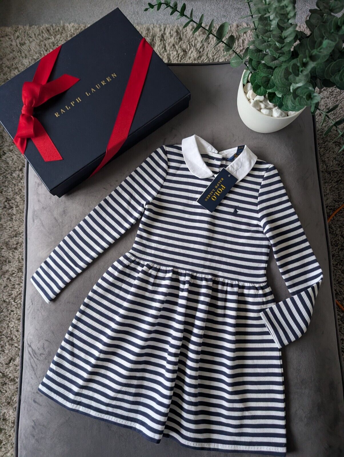 new polo Ralph Lauren French Navy/White Stripe dress Girls Age 5yr ribbed smart