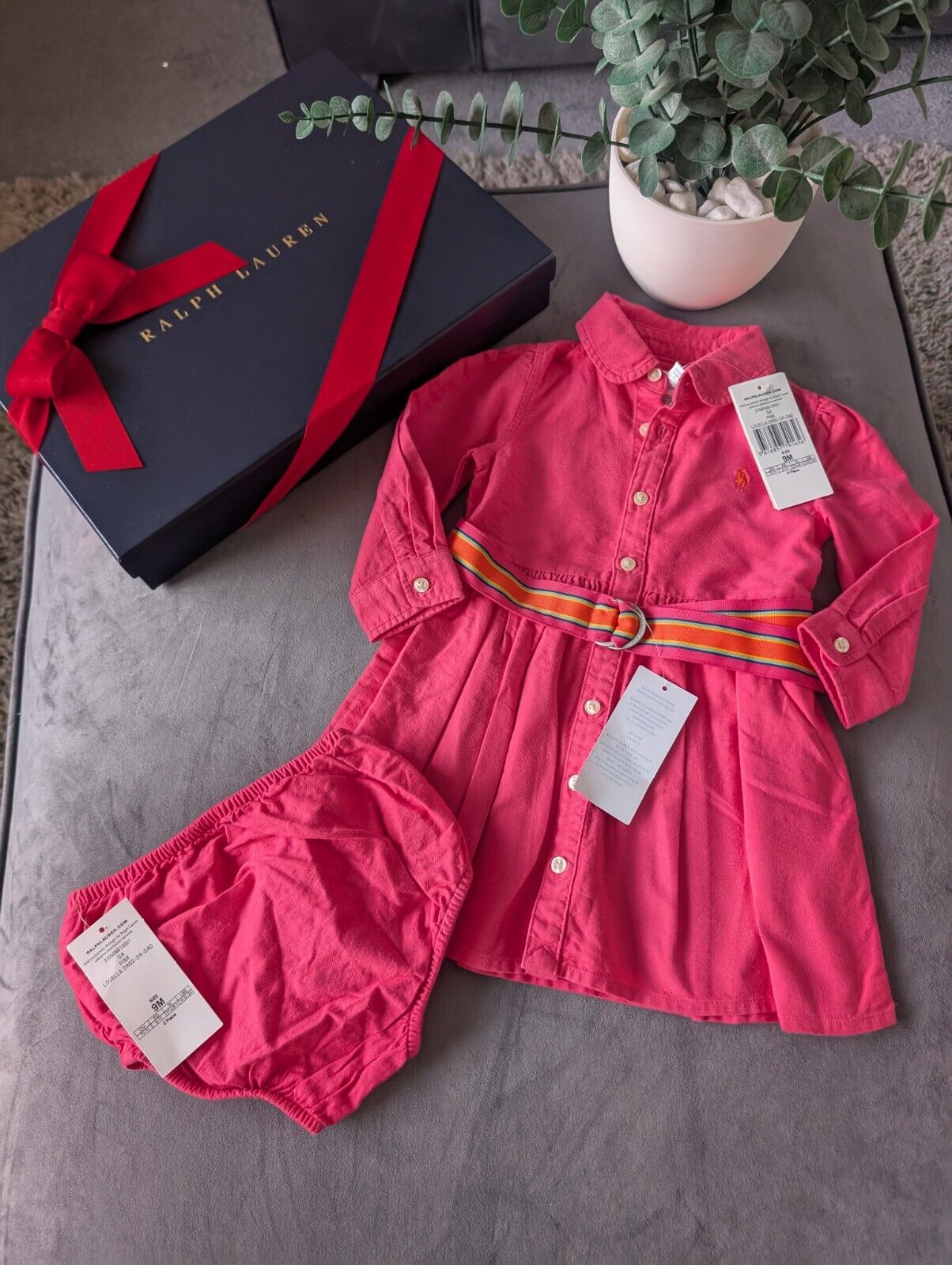 Ralph Lauren Polo girls buttoned Oxford Shirt dress Pink Belt Yellow 6-9m Gift