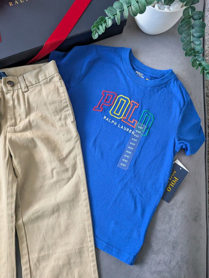 New Boys Ralph Lauren Blue Multi T Shirt & Chino Beige 4yrs Smart Cute Smart