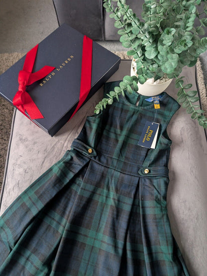 New Ralph Lauren Girls Gorgeous Tartan Green Pleated Ponte Dress Age 6x £125