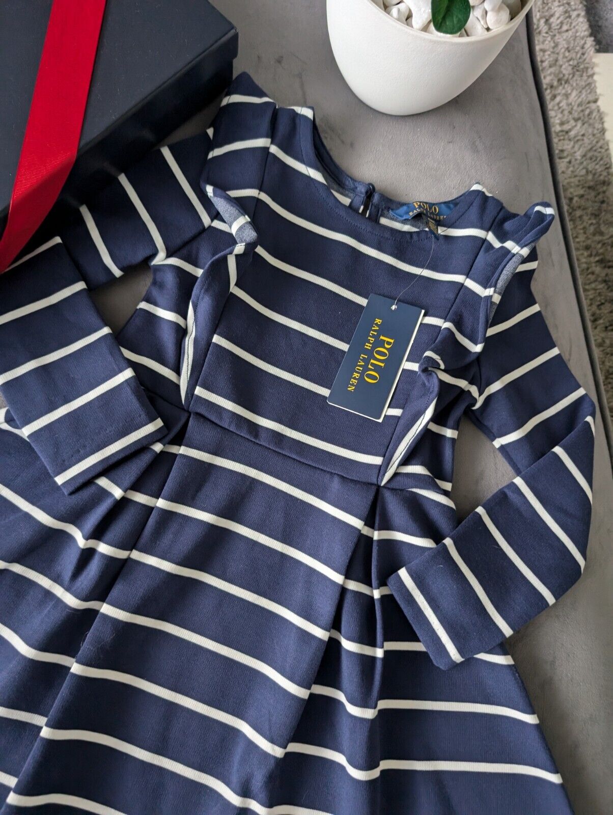 New Polo Ralph Lauren Girls Navy Striped Ruffled Ponte Dress Ruffle 4 Yrs