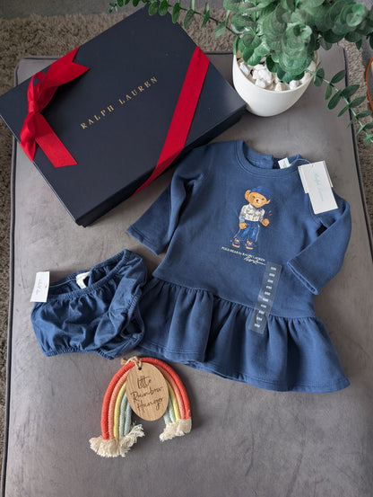 New Gorgeous Ralph Lauren Baby Girls Navy Bear Golf Dress Sweater + Bloomer 6m