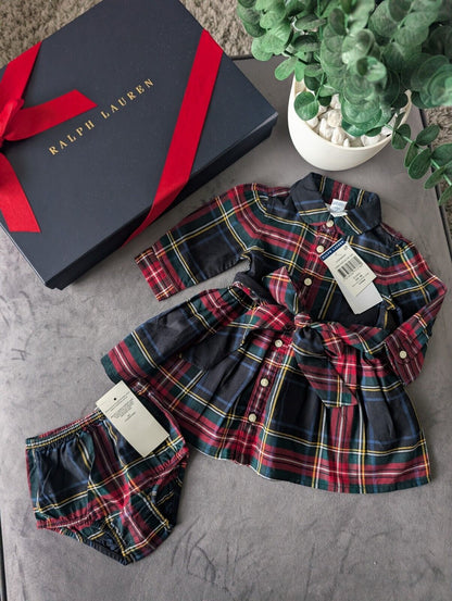 New Stunning Ralph Lauren Girls Tartan Plaid Flannel L Sleeve Dress 0-3m occasion