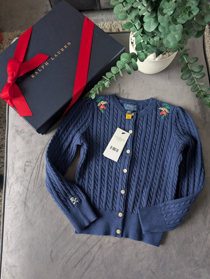 New Ralph Lauren Girls Knitted Cardigan 6 Years Gift Navy Floral Embroidery Cute