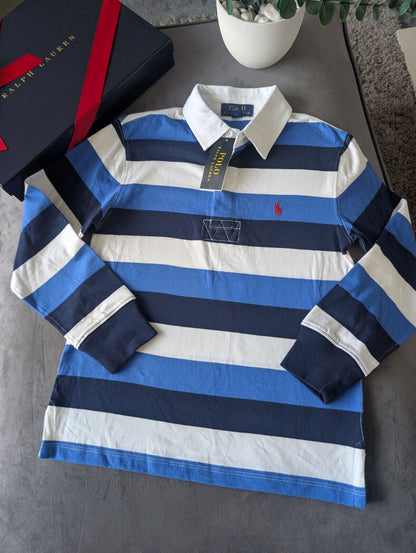 New Ralph Lauren Boys Rugby Style Stripe Long Sleeve Polo Blue White  8y Boys