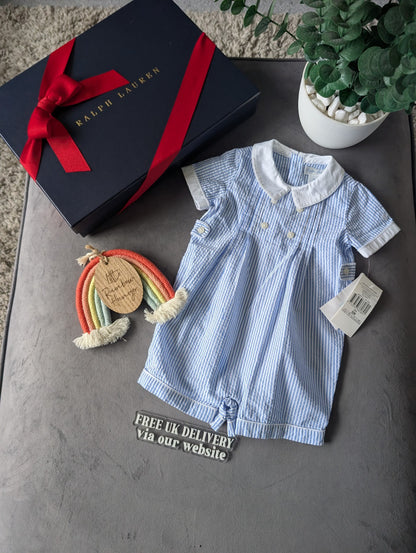 New Ralph Lauren Baby Boy Checked Blue Romper 3-6m Gift Cute Summer Luxury