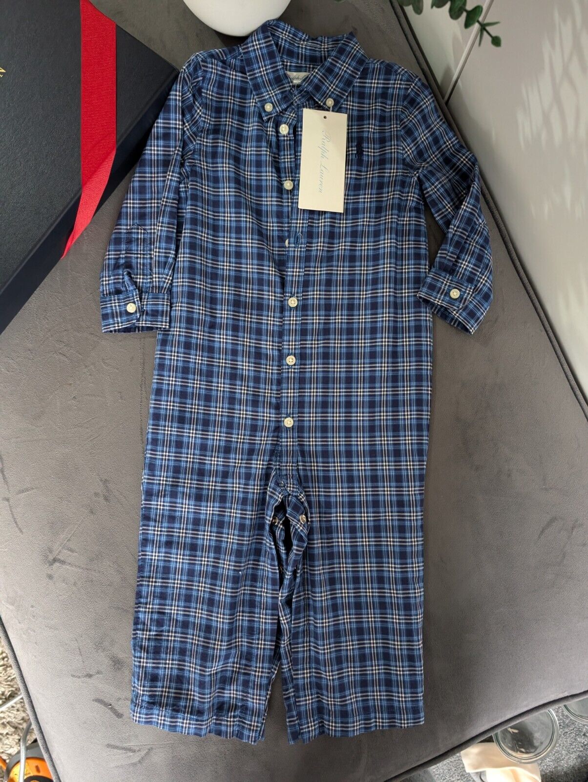 New 12m Ralph Lauren boys Kensington romper all in one pyjama night navy cream