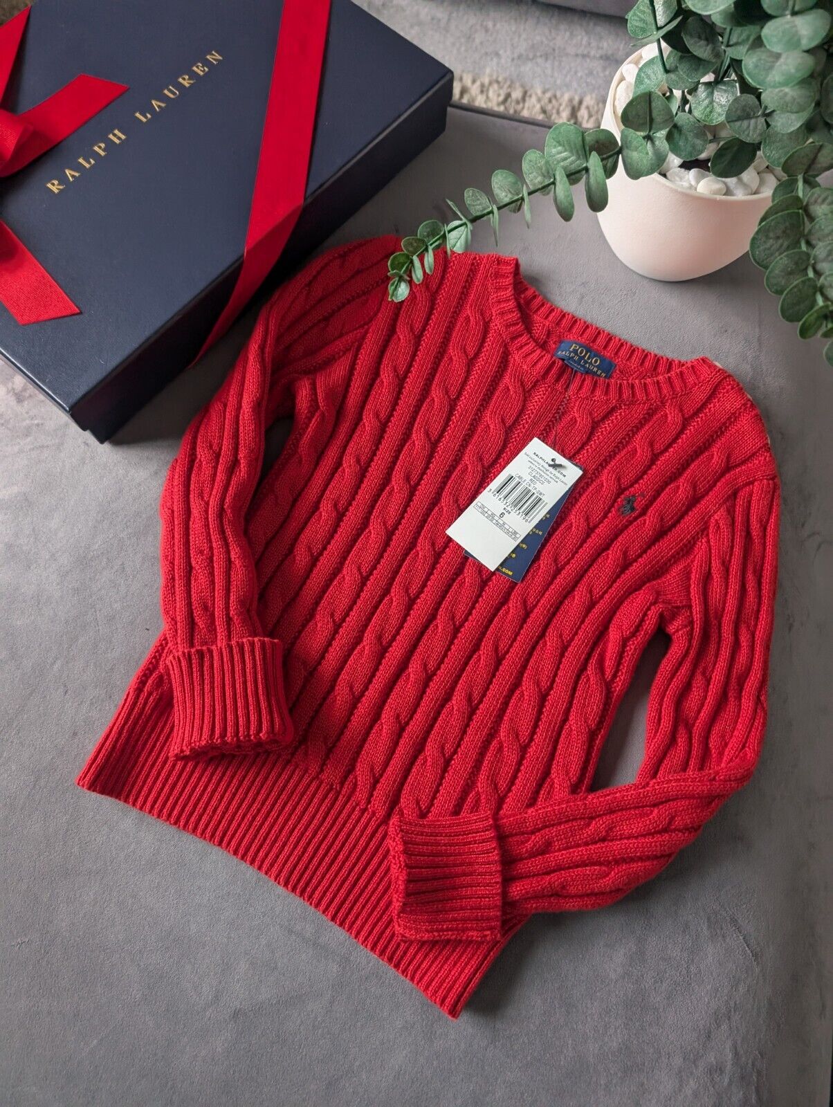 New Unisex Ralph Lauren Red cable knit long sleeve jumper autumn winter 6yr Gift