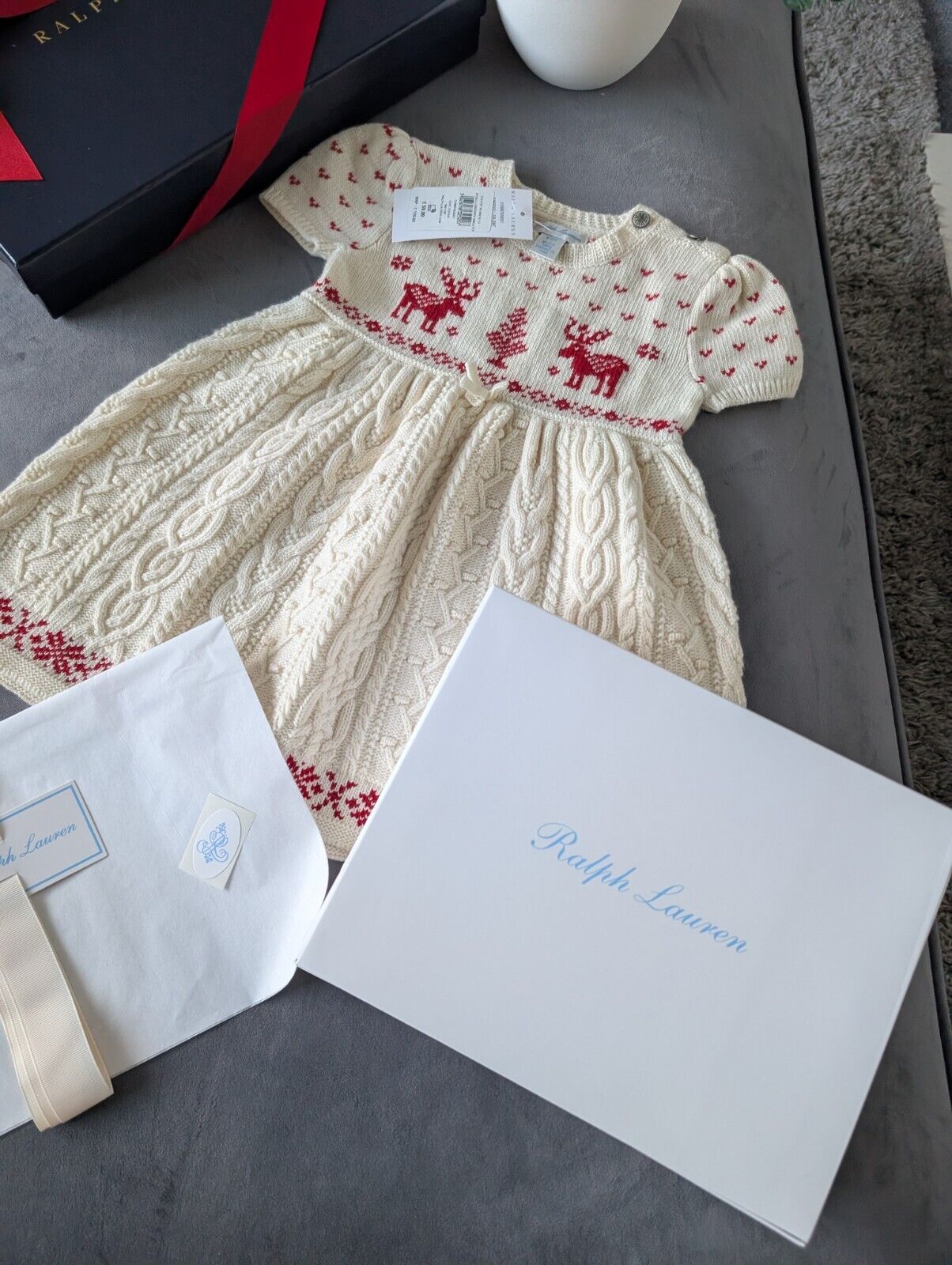 New stunning girls Ralph Lauren Christmas cable knit dress + gift box 9-12m Gift