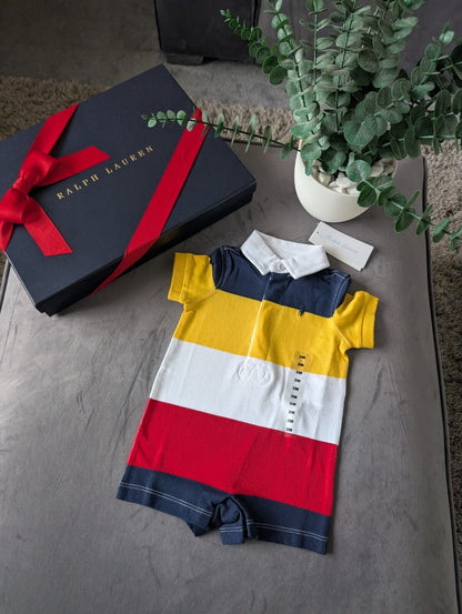 New Ralph Lauren Baby Boy Navy Yellow Stripe Romper 0-3m Gift Cute Baby Summer