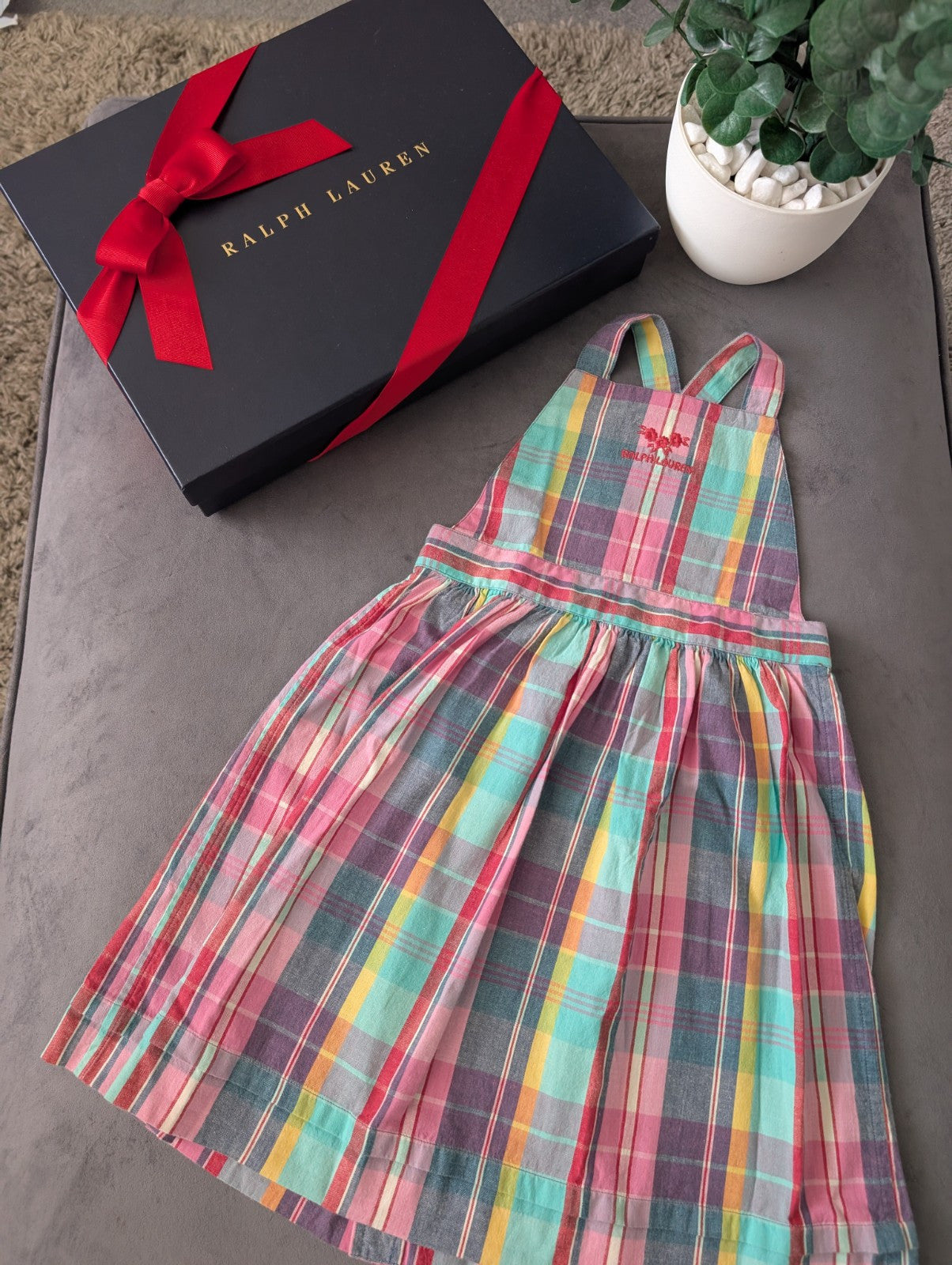 New Ralph Lauren Vintage Multi Madras Patchwork Dress Pinafore Pretty Summer 3-4