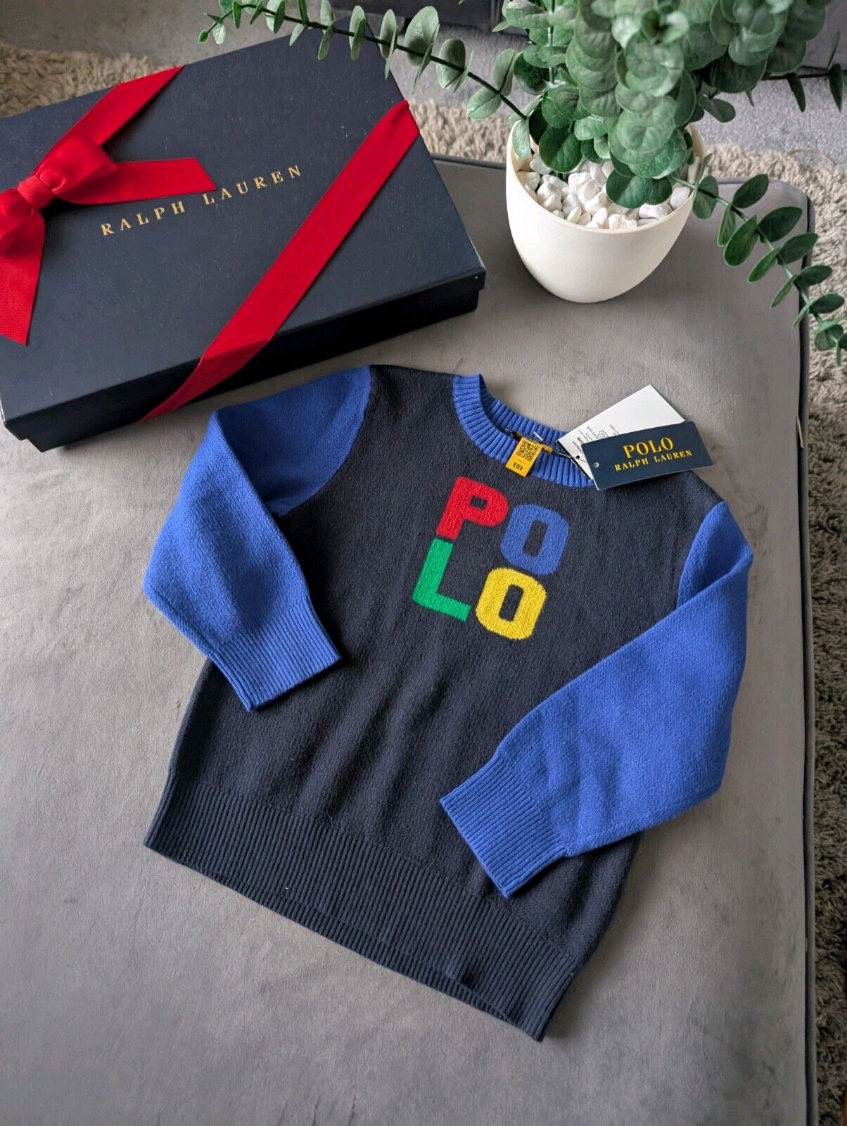 New Ralph Lauren Boys Colour Block Fine Knit Jumper Polo Logo Blue Gift 2-3y