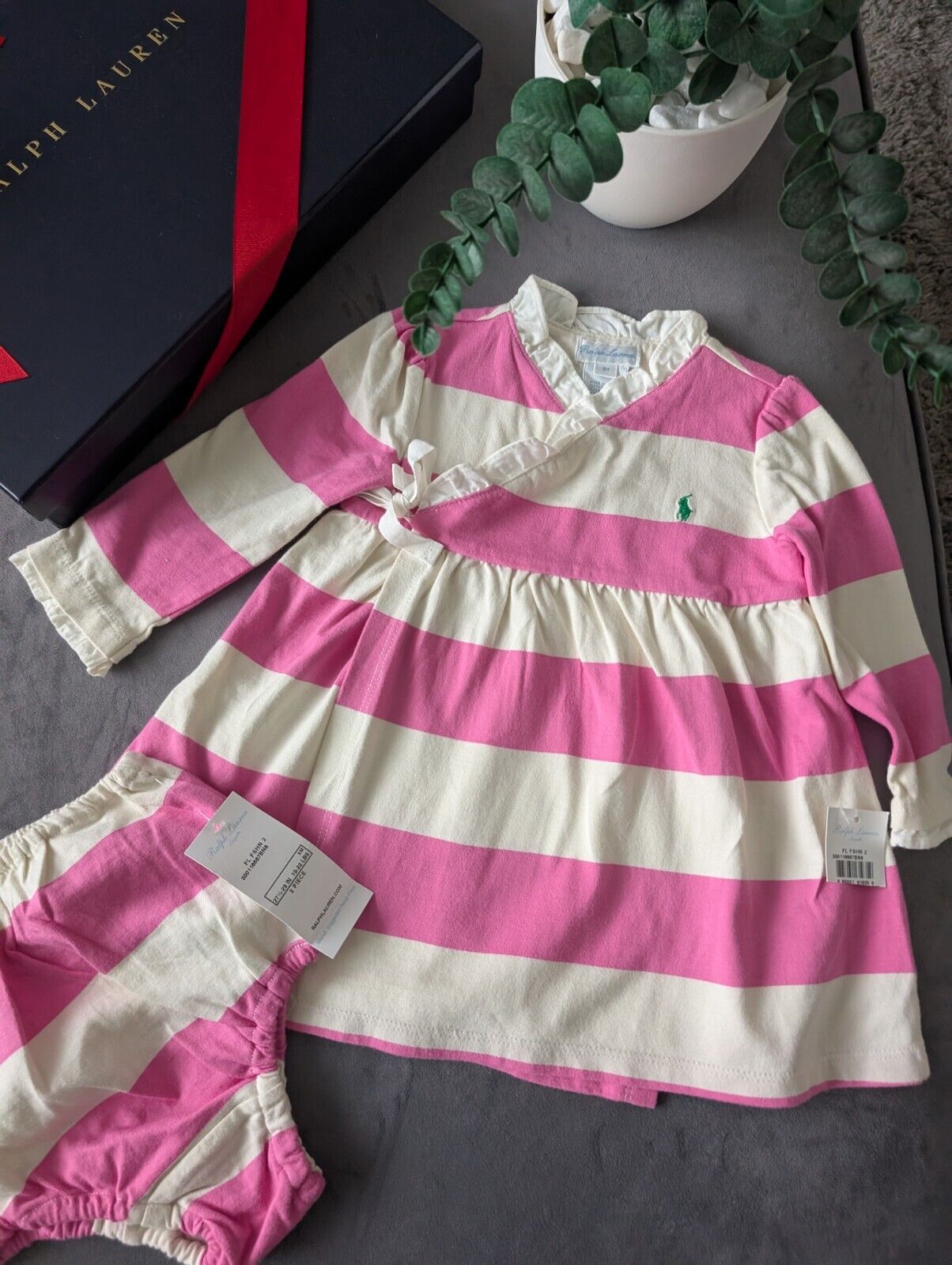 New Stunning Ralph Lauren Baby Girls Pink White Stripe Dress + Bloomer 6-9m Gift