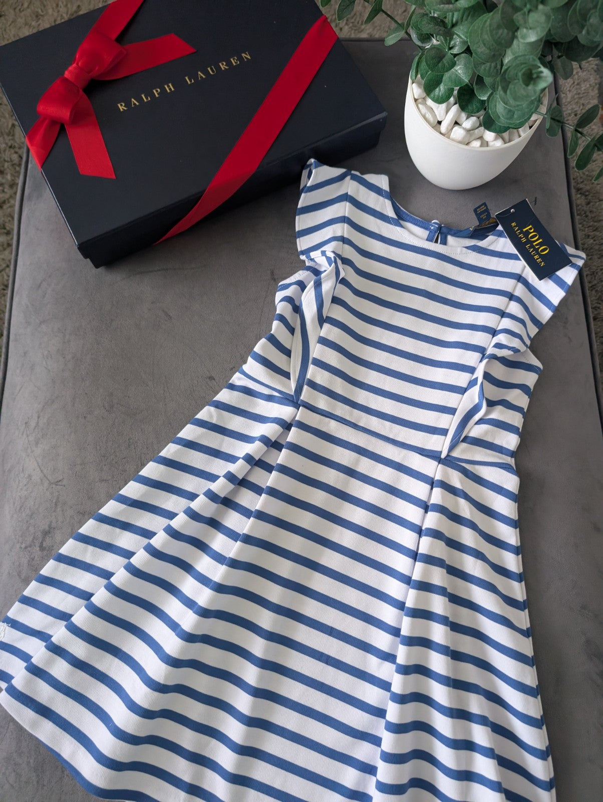 New Ralph Lauren Girls White Navy Stripe Polo Frill Stripe Ribbed Dress 6-7yr