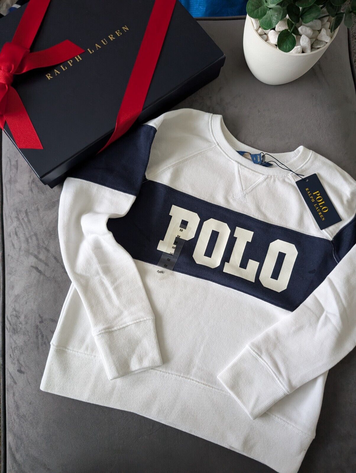 New Ralph Lauren Girls 8-10yrs Ivory  Fleece Pullover Jumper Navy White £89