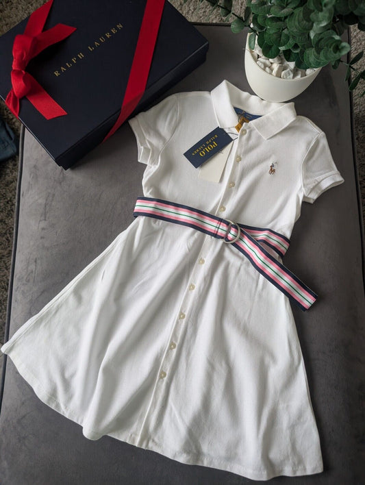 New Girls Polo Ralph Lauren White Polo Dress White Tennis Belted age 6-7yrs Gift