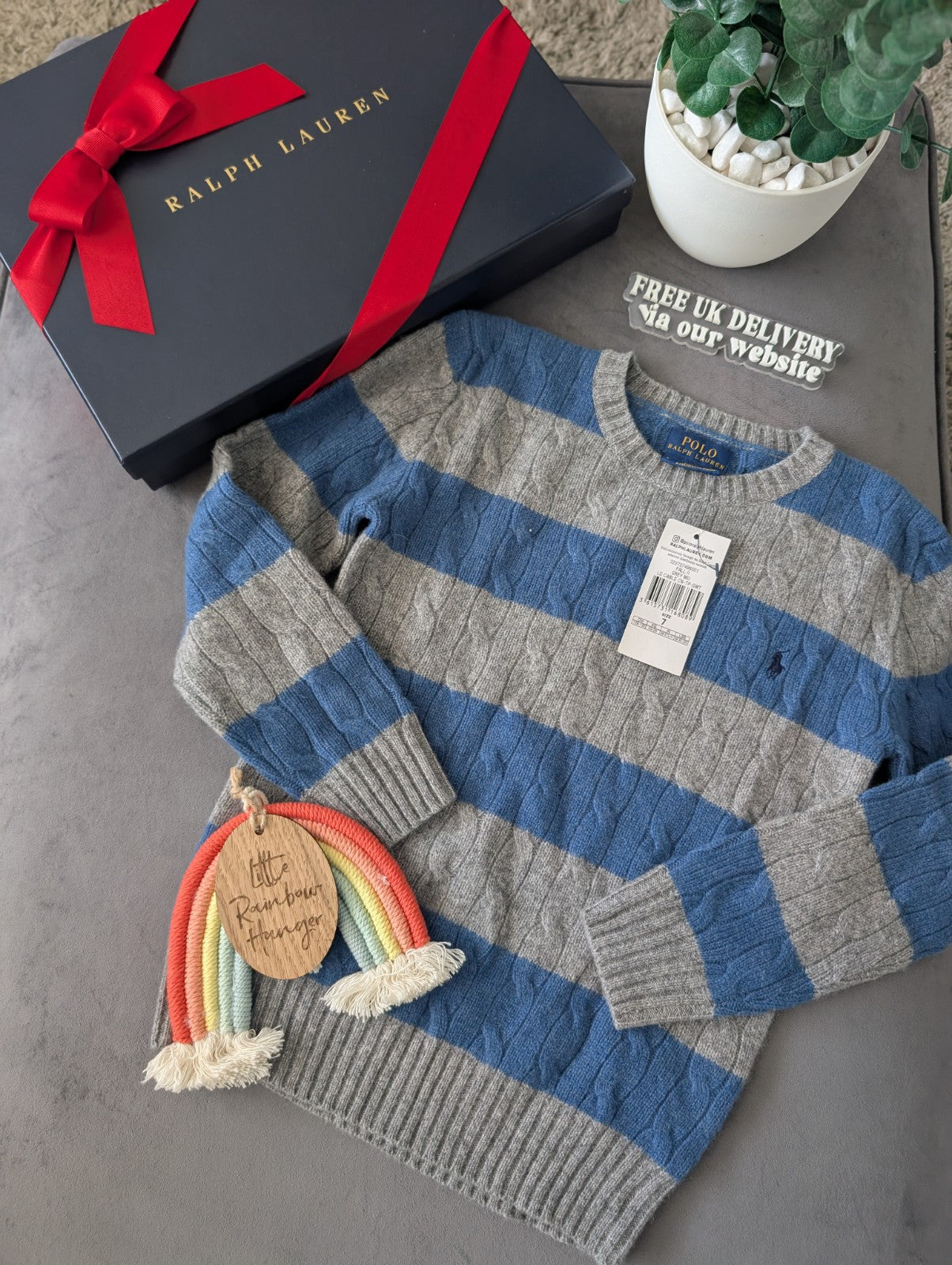 New Boys Ralph Lauren Blue Grey Stripe Cable knit jumper Cashmere Blend 6/7yr