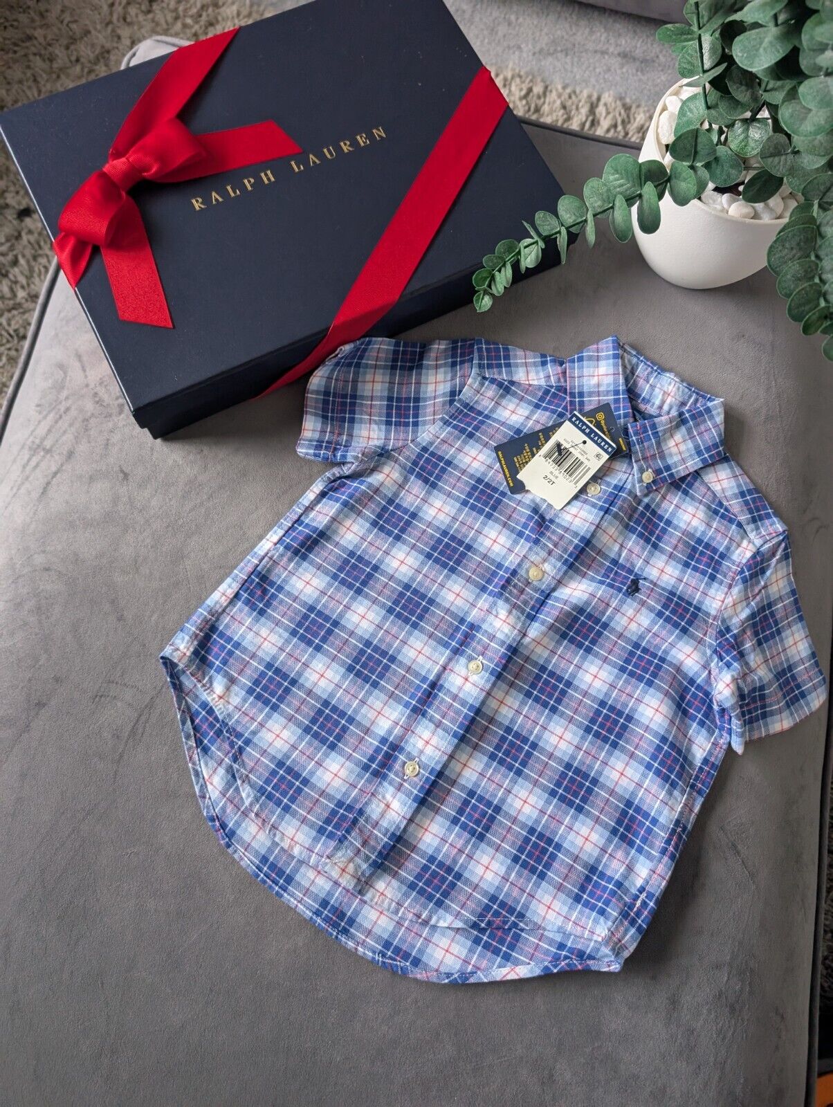 New Ralph Lauren Baby Boy Checked Shirt Smart Occasion Gift Age 18m Blue Short S