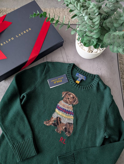 New 2024 Ralph Lauren Green Unisex Dog Knit Jumper Sweater Moss 10-12y £159 Gift