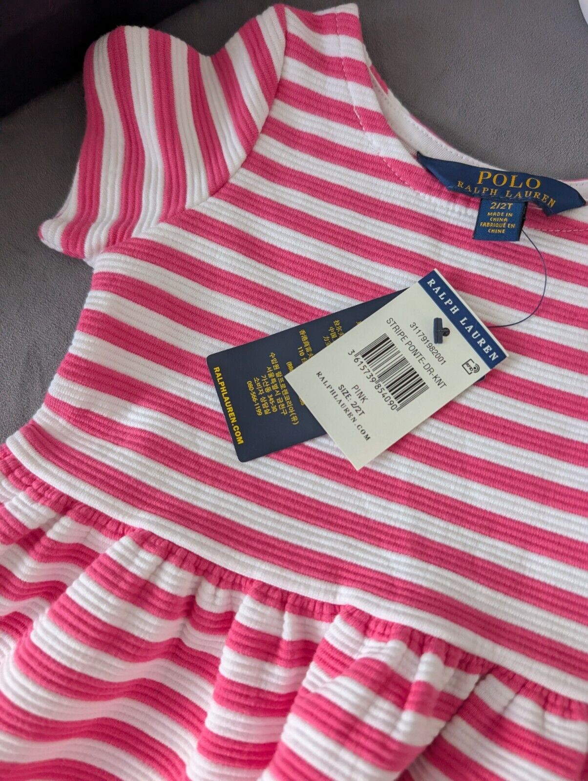 New Stunning Girls Ralph Lauren Pink Ribbed Stripe Dress Occasion Age 2 Gift