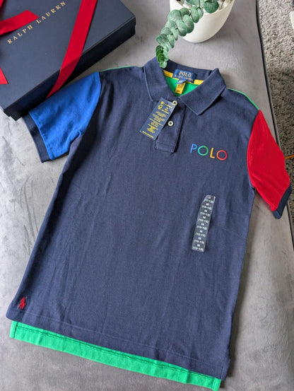 New Ralph Lauren Boys Colour Block Short Sleeve Polo Red Blue Navy 10-12y Boys