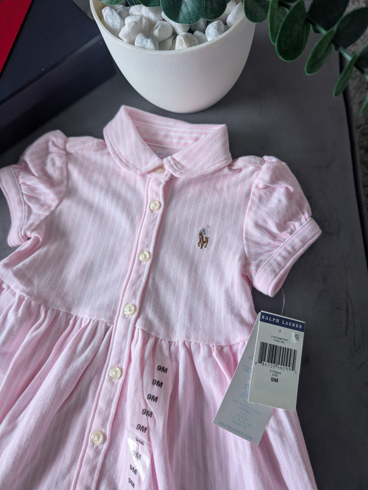 New Ralph Lauren Baby Girl Oxford Mesh Dress & Bloomer Carmel Pink 6-9m Gift