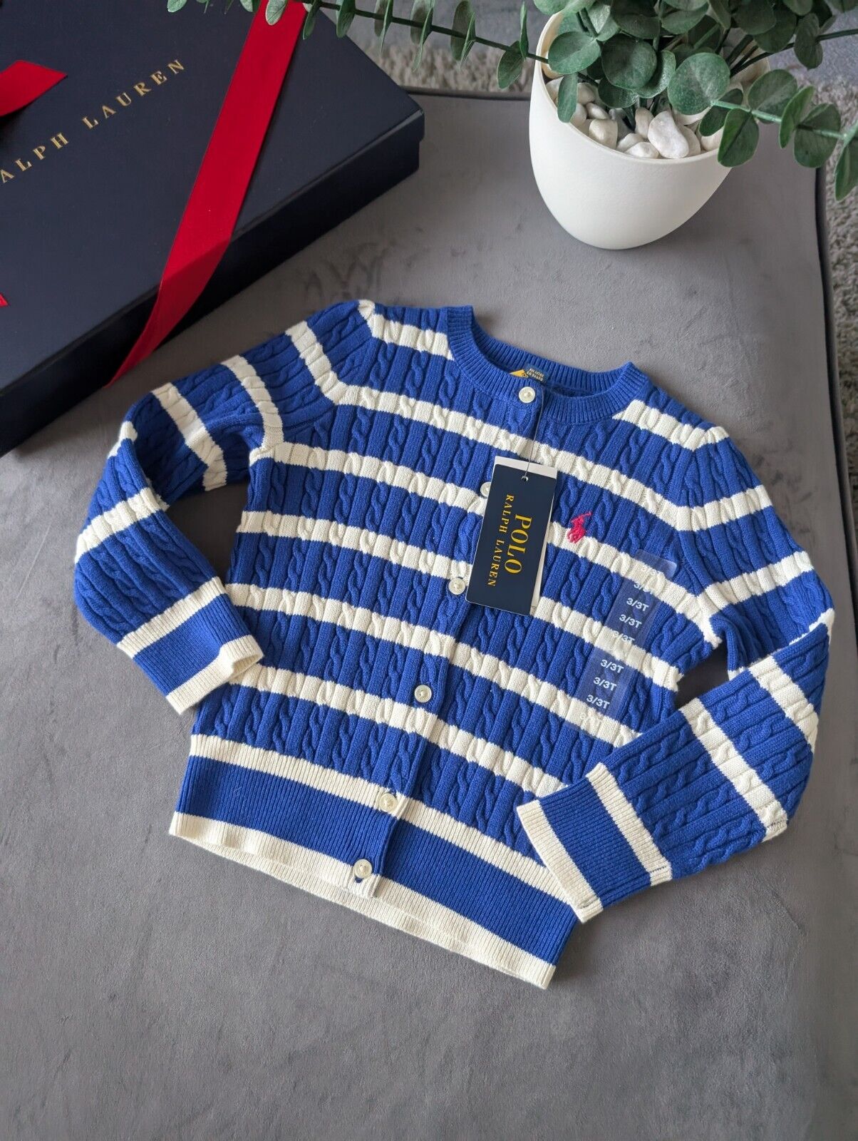 New Ralph Lauren Girls Knitted Cardigan 3 Years BNWT Blue Navy White Stripe Gift