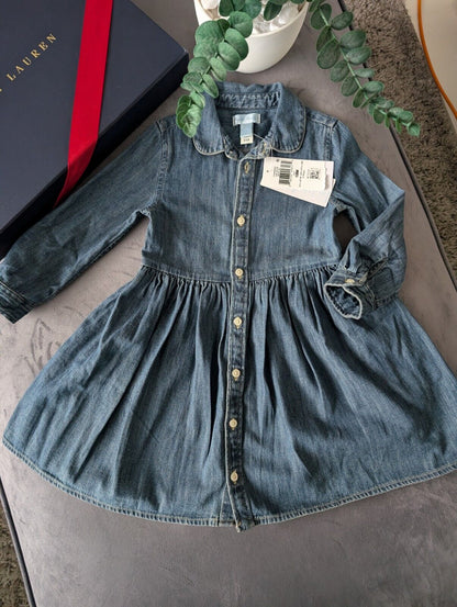 New Ralph Lauren girls denim style shirt dress occasion 18m Baby Winter  £90