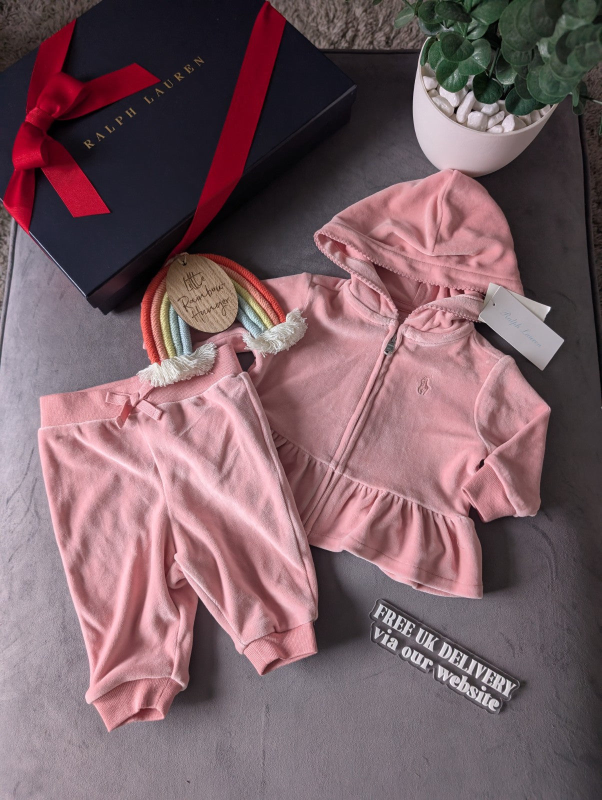 New Gorgeous Ralph Lauren Pink Scalloped Baby Girl Tracksuit 0-3m Gift Velvet