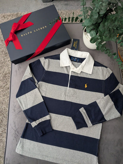 New Ralph Lauren Boys Rugby Style Stripe Long Sleeve Polo Grey Navy  8y Boys