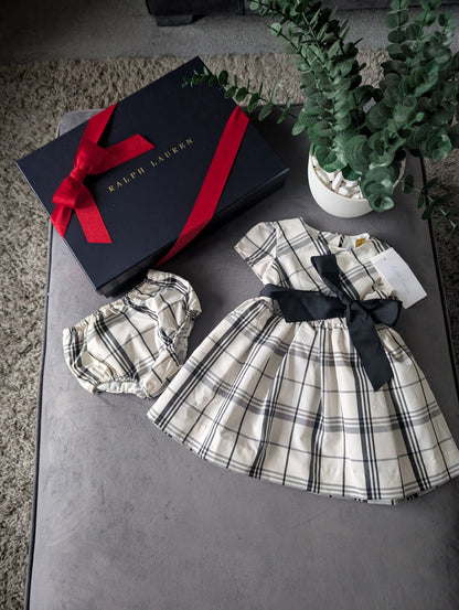 New Ralph Lauren Girls Tartan Plaid Pretty Black Vincenza Dress Ivory Gift 3-6m