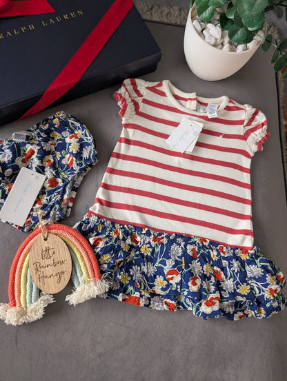 New Ralph Lauren Stripe Floral Baby Girls Frill  Polo Dress 3-6 Months Gift 2pc