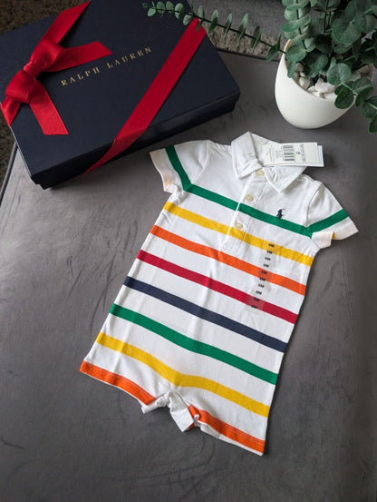 New Ralph Lauren Baby Boy Multi White Stripe Romper 6m Gift Cute Baby Summer