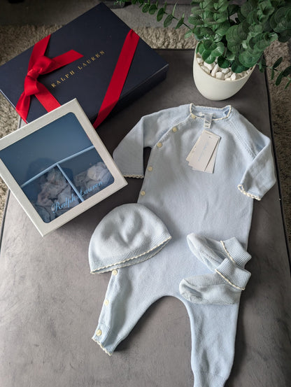 New Ralph Lauren Boys New Baby 3 Piece Gift Set Stripe  6-9 m BlueRRP £115