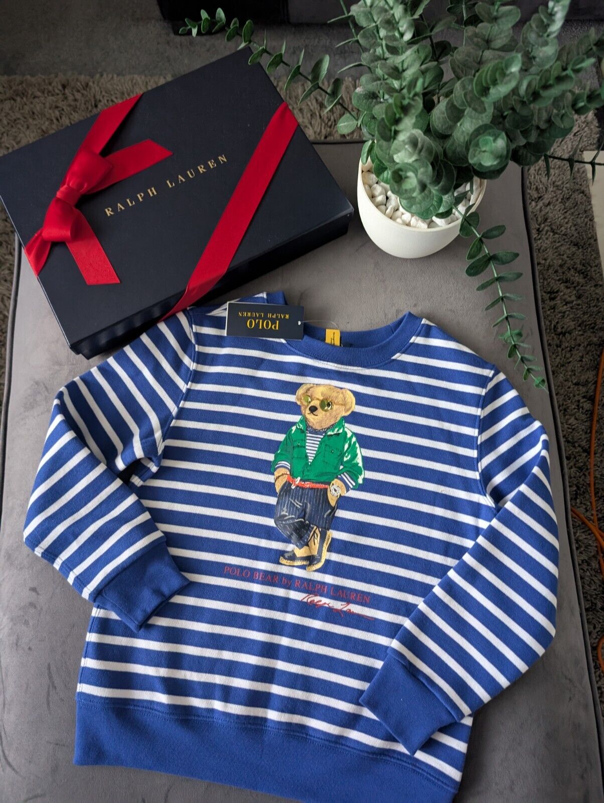 New Ralph Lauren Polo Bear Blue Stripe Sweatshirt Jumper Gift Casual Age 7yrs