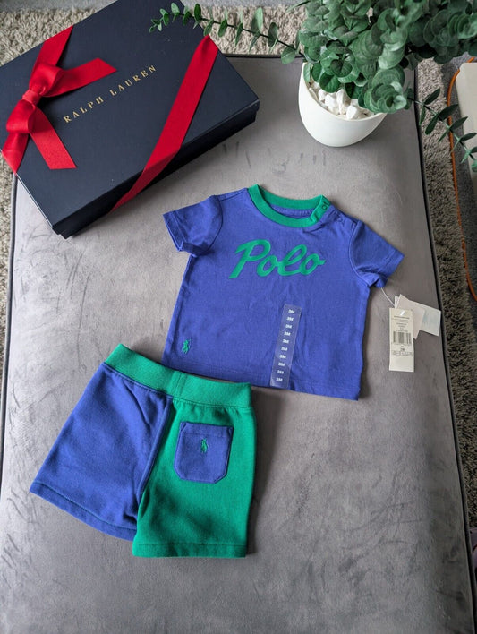 New polo Ralph Lauren baby t shirt Blue Green + Shorts 0-3m gift pony Logo Cute