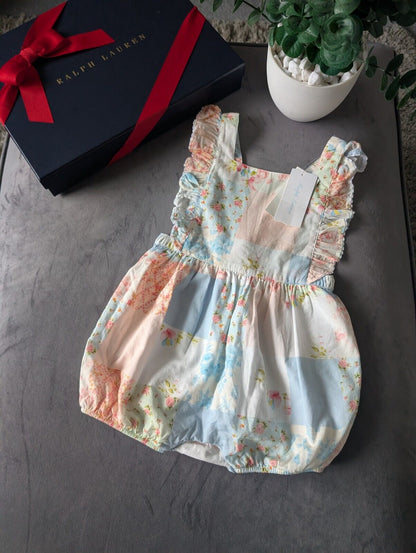 New Ralph Lauren Bubble Patchwork Pink Girls Pony Floral Romper One-Piece 18-24m