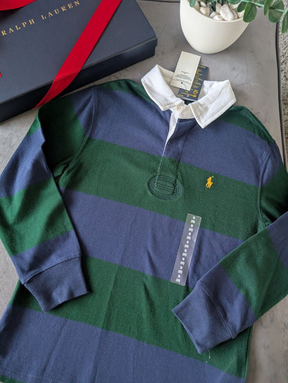 New Ralph Lauren Boys Rugby Style Stripe Long Sleeve Polo Green Navy 8 y Boys