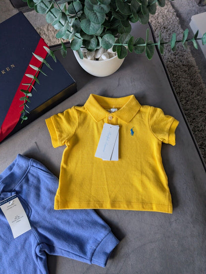 New adorable Ralph Lauren boys Yellow Polo Shirt + blue Jogger set 0-3m Cute