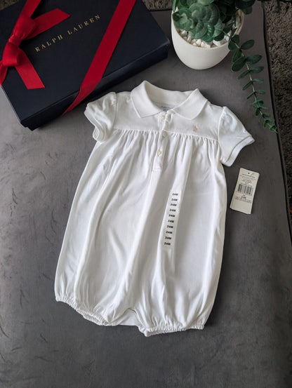 New Ralph Lauren Bubble Shortall White Girls Pony White Romper One-Piece  18-24m