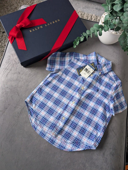 New Ralph Lauren Baby Boy Checked Shirt Smart Occasion Gift Age 18m Blue Short S