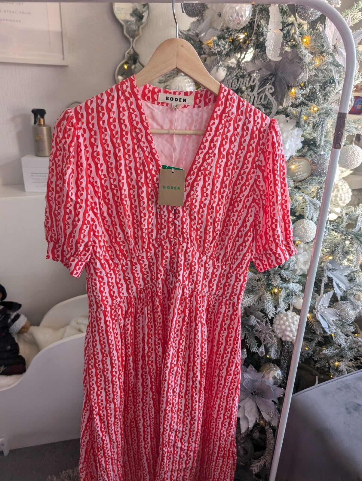 boden womens tea dress pink & Red elsa Midi Heart print button up size 12R occasion