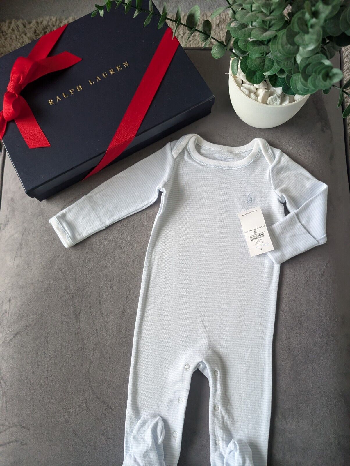 New Ralph Lauren Baby Boys Blue Stripe All In One Babygrow Gift 3-6m Newborn