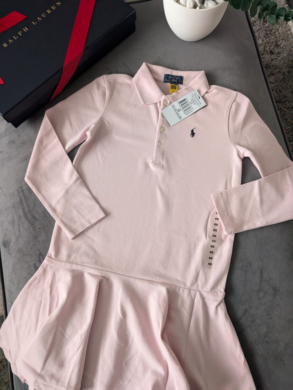 New Ralph Lauren girls soft pink polo dress long sleeve frill age 6-7 occasion gift